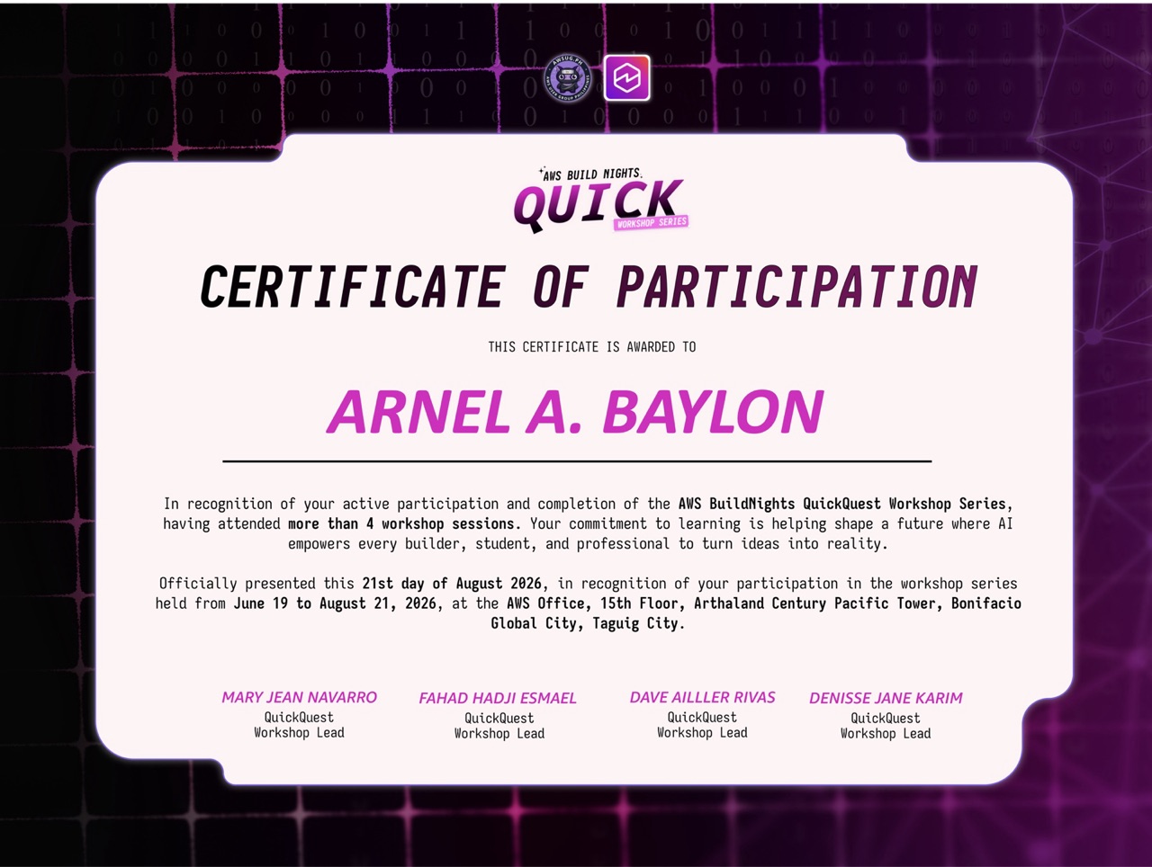 Certificate of Participation — QuickQuest Workshop Series
