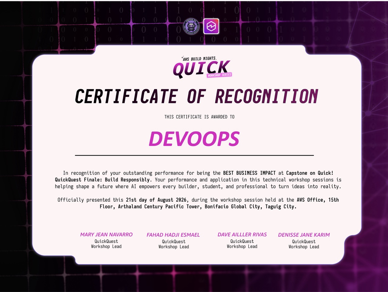 Certificate of Recognition — Best Business Impact