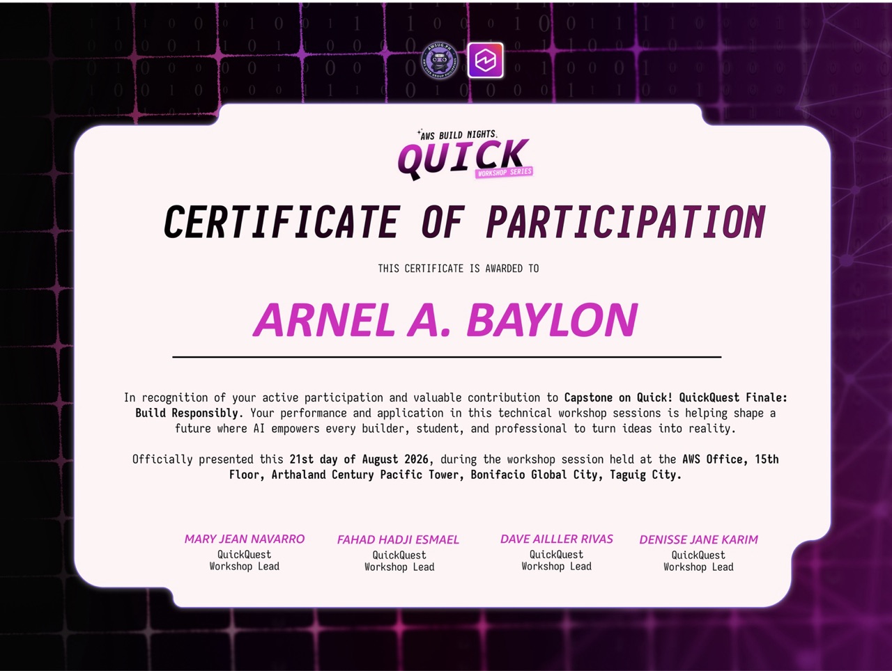 Certificate of Participation — Capstone on Quick! Finale